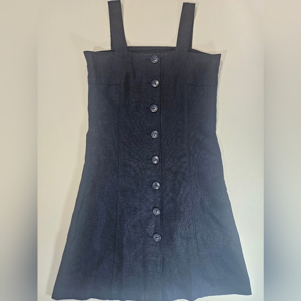 Gap Linen Blend Dress Womens Small Navy Blue Sleeveless Midi Button Accent 90s
